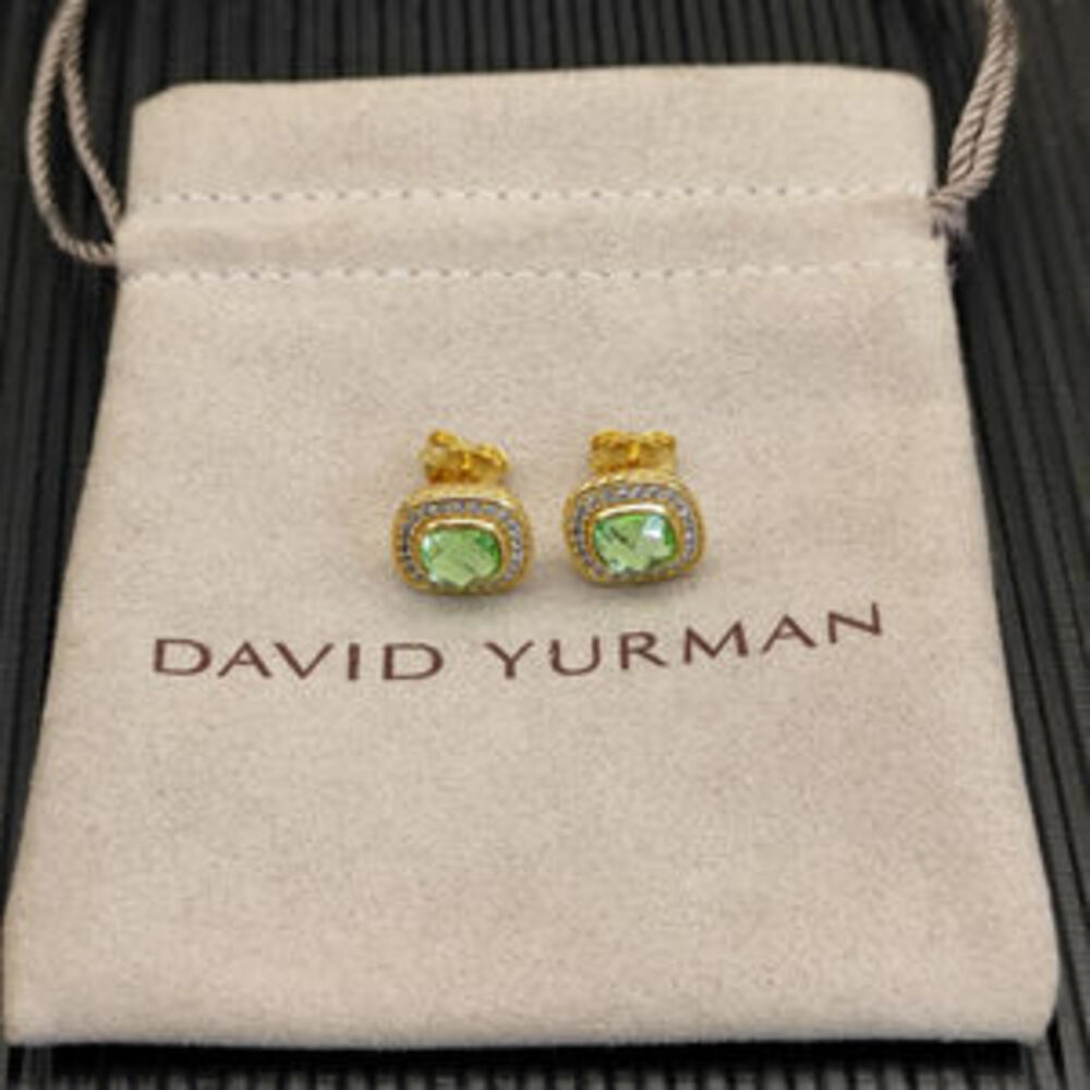 David Yurman Gold square diamond earrings with green diamonds